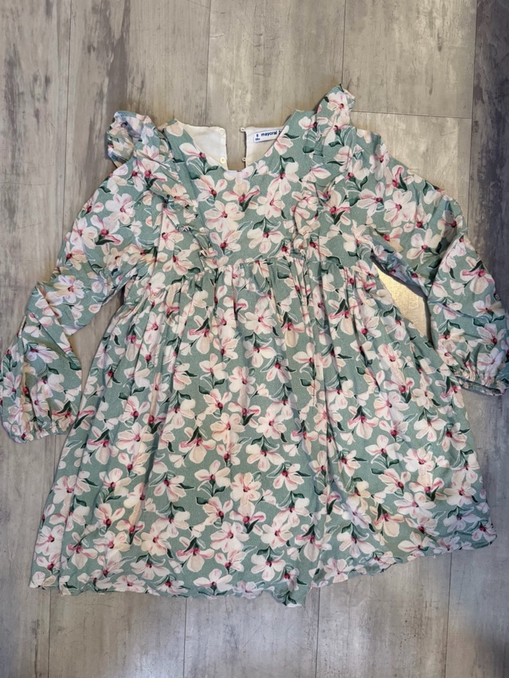 Mayoral Girls Sage Green Floral Ruffle Dress with Pink Accents